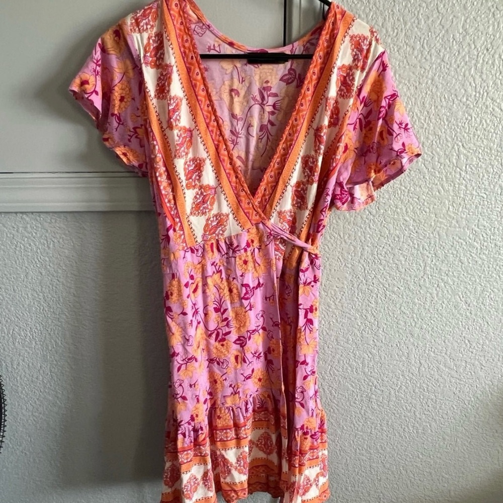 Pink and Orange Boho Flutter Sleeve Wrap Sundress